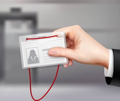 Business id card with red cord displayed in businessman hand closeup realistic image blurred background vector illustration